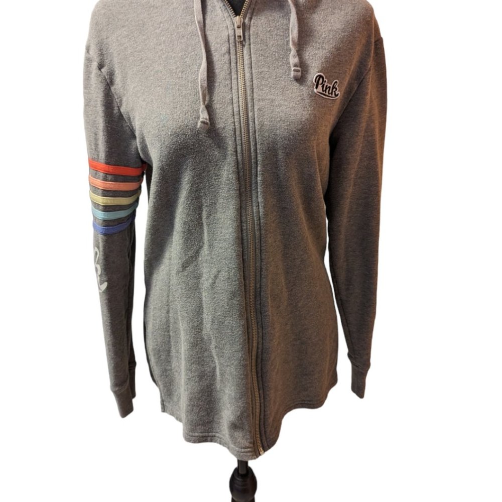 Pink Hoodie  Grey with Rainbow on Sleeve Size: XS